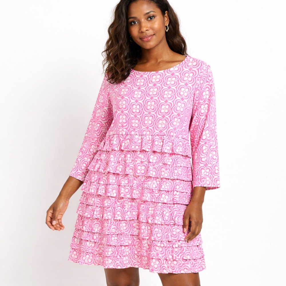 RILEY & CO Pink White Floral Tiered Ruffle Shift Dress 3/4 Sleeve XL